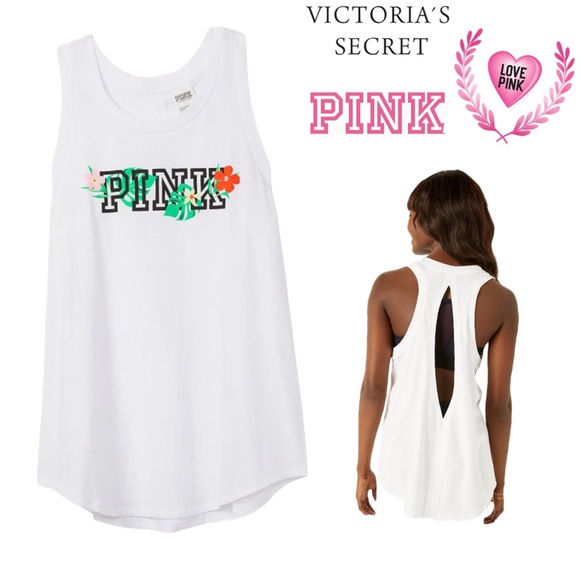 PINK Victoria's Secret Tops - Victoria's Secret PINK White Floral Logo Slit Open Back Everyday Tank